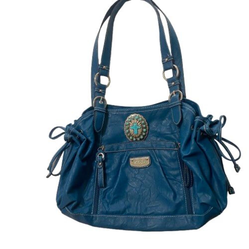 STRADA Pebbled Leather Handbag with Silver Hardware Multiple Pockets